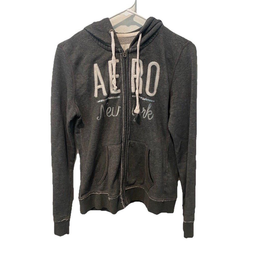 Aeropostale Zip Up Hoodie Y2K Women's Size M Gray New York Spellout Graphic